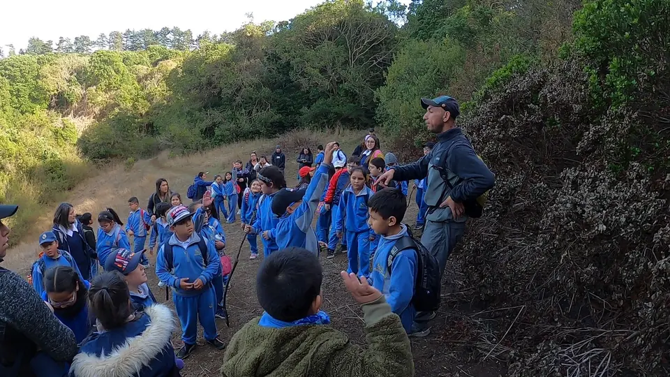 Actividad educativa con estudiantes durante un recorrido en terreno